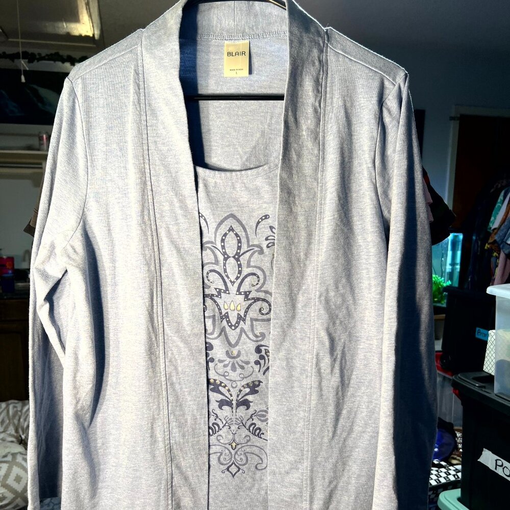 Blair Mock-Layers Light Blue Cardigan over Jeweled Half-Cami Top SZ Lrg